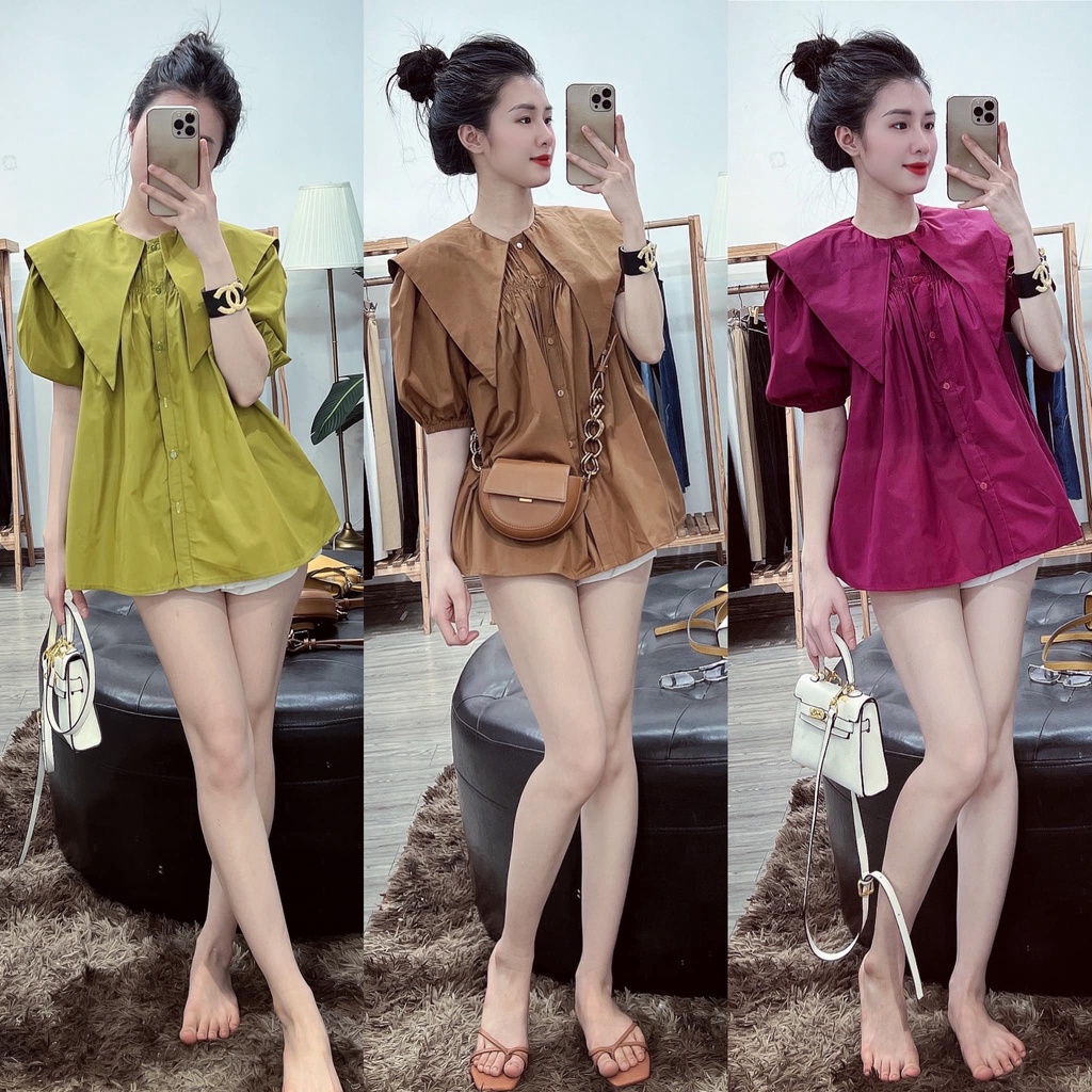 Áo sơ mi kiểu tay bồng cổ bèo vạt nhọn chất thô lụa hàng thiết kế phối với quần,chân váy đều xinh ạ | BigBuy360 - bigbuy360.vn