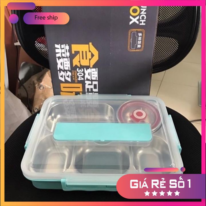 Hộp cơm 5 ngăn inox 304 Có Nắp Đậy tặng kèm bộ muỗng đũa inox siêu tiện lợi | BigBuy360 - bigbuy360.vn