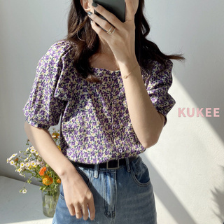 Áo sơ mi tay ngắn chất chiffon hoạ tiết hoa phong cách retro