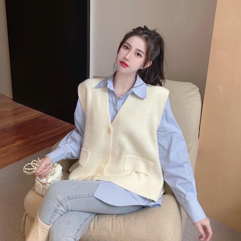 Set áo sơ mi + áo len cổ chữ V không tay dáng rộng phong cách Hàn Quốc thời trang xuân thu 2021