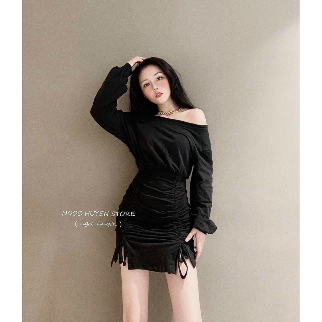 Váy body tay dài Đầm nữ body màu đen nhún 2 bên hông vải thun co giãn mặc thoải mái | BigBuy360 - bigbuy360.vn