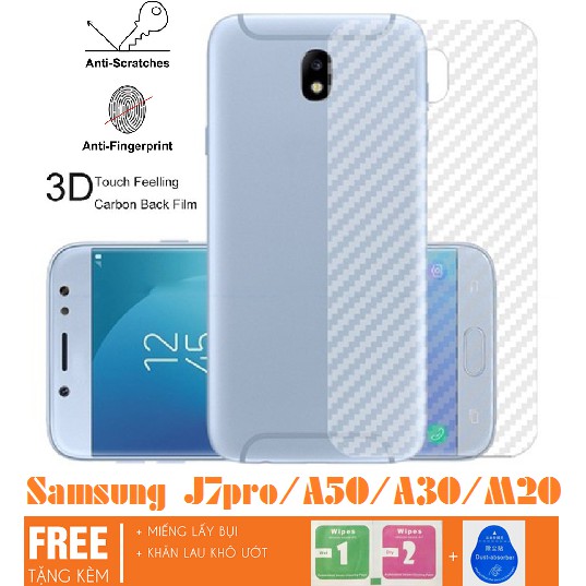 Miếng dán vân Carbon Samsung J7 pro / A50 / A30 / M20 vân Carbon trong mờ, chống vân tay