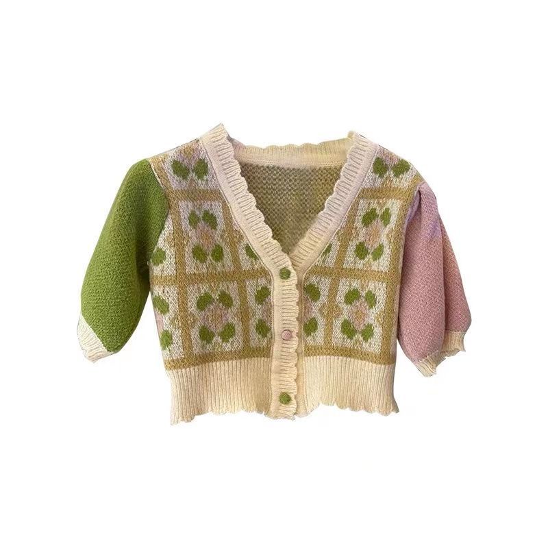 Áo Dệt Kim Tay Phồng Cổ Chữ v Họa Tiết Hoa Màu Sắc Tương Phản