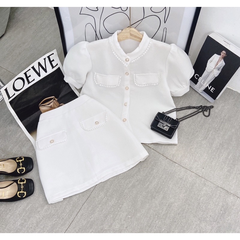 SET ÁO DẠ VIỀN REN CỔ TRỤ + CHÂN VÁY