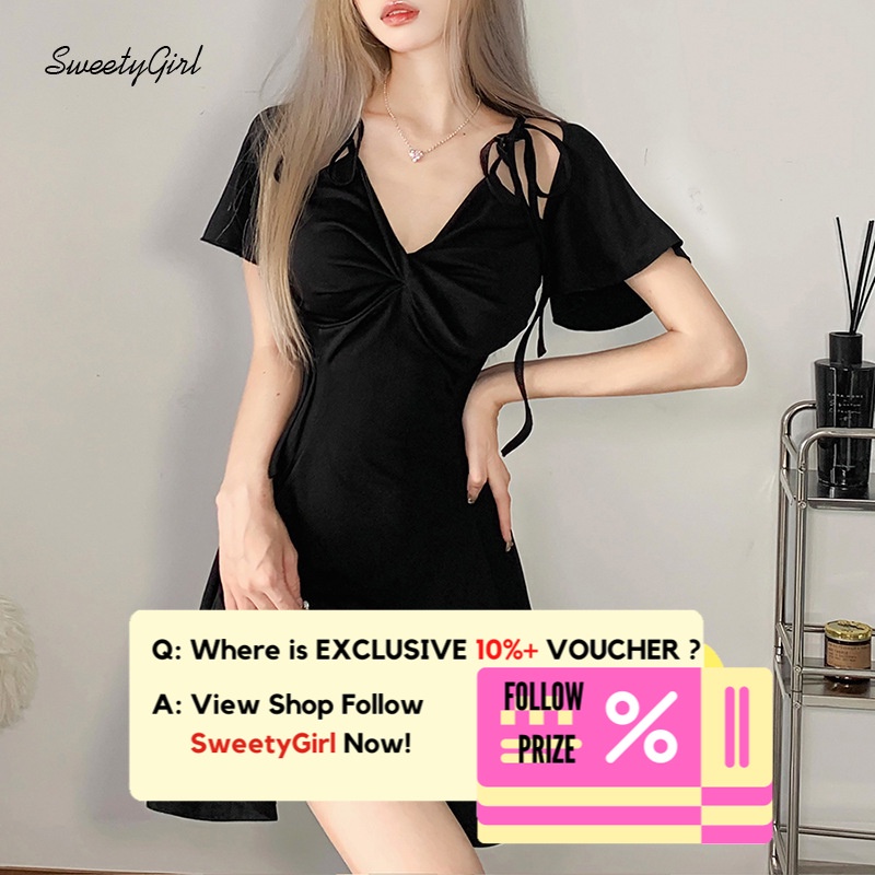 Đầm Mini Tay Ngắn Cổ Chữ V Màu Đen Trơn Thời Trang 2022 Quyến Rũ Cho Nữ