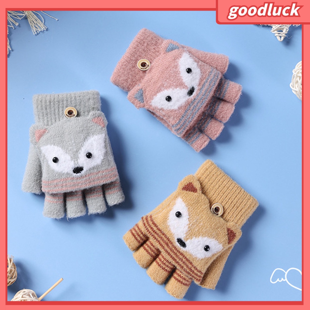 1 Đôi Găng Tay Hở Ngón Co Giãn In Họa Tiết Cáo Hoạt Hình Thời Trang Mùa Đông Cho Bé Trai Và Gái 6-10 Tuổi