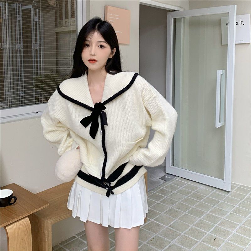 Áo Khoác Sweater Dệt Kim Dày Dặn Đính Nơ Thời Trang Thu Đông Hàn Quốc Mới