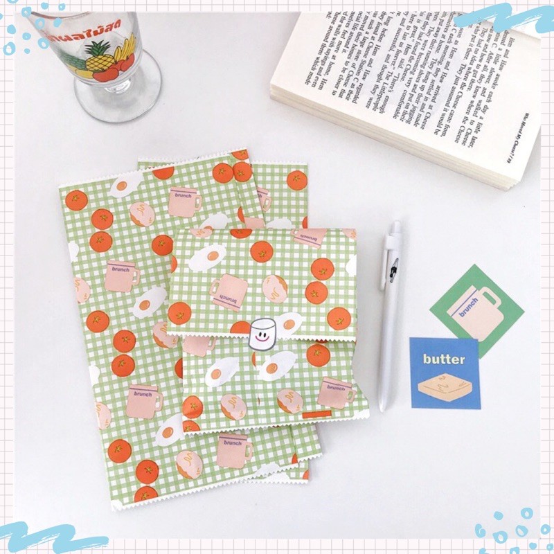 Combo 3 túi giấy đựng quà tặng / bánh kẹo hoạ tiết trứng rán và cà chua phng cách Hàn Quốc