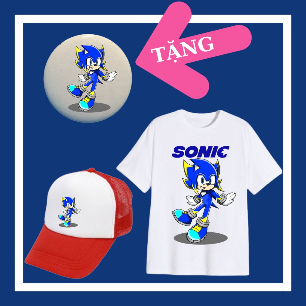Áo Sonic dễ thương cho bé trai bé gái vải cotton đủ size áo từ 10kg đến 90kg, mũ lưỡi trai, huy hiệu Sonic