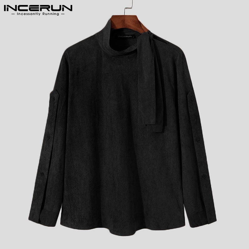 Áo INCERUN Dáng Rộng Tay Dài Cổ Phối Dây Thắt Màu Trơn Thời Trang Cho Nam
