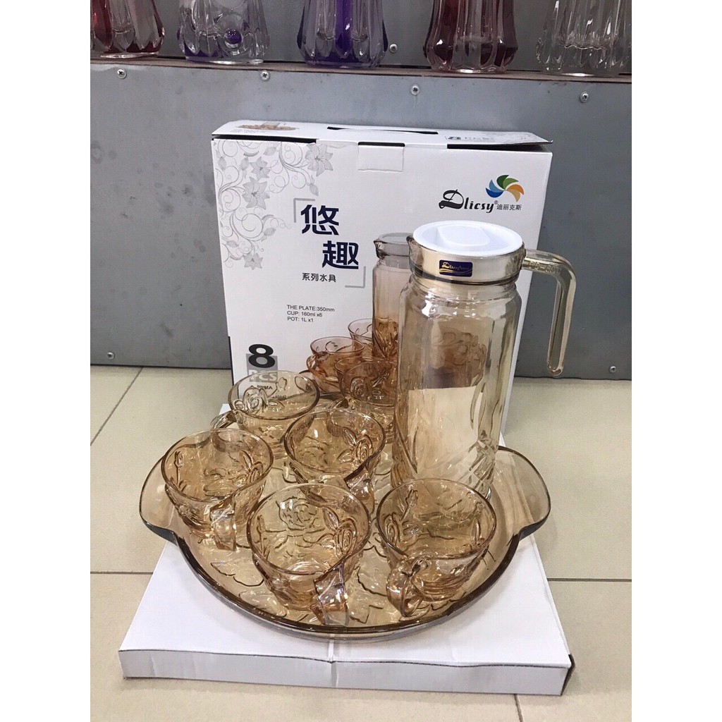 Bộ bình cốc kèm khay thủy tinh hàng đẹp có hộp