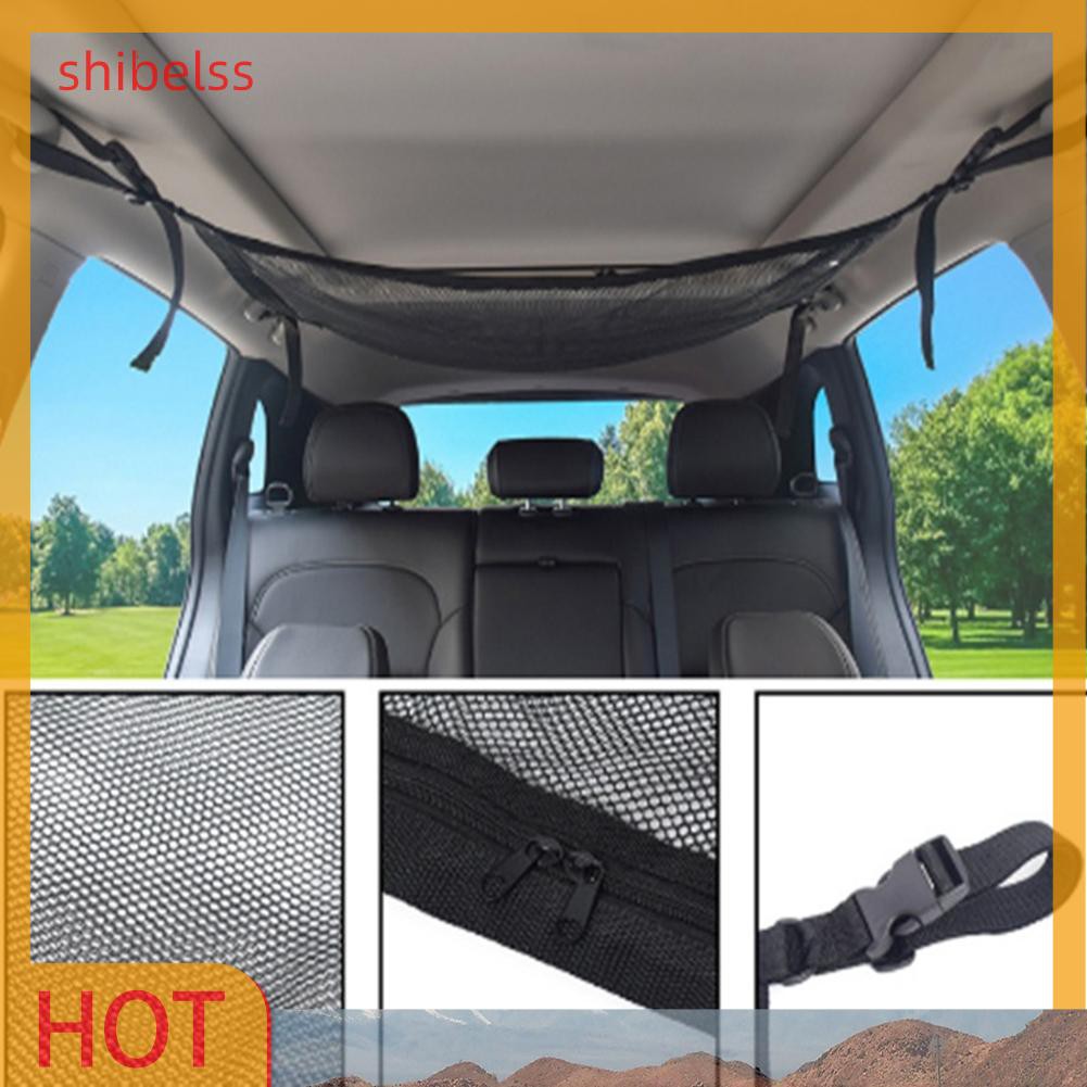 （ʚshibelss）Car Ceiling Storage Net Pocket Grab Handle Zipper Sundries Organizer Bag