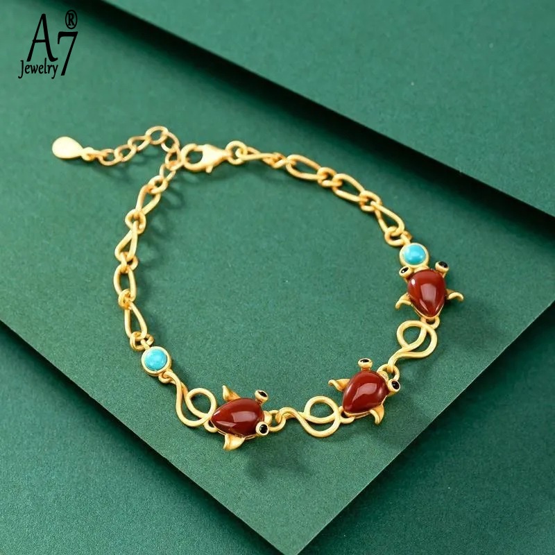 Vòng Tay Mạ Bạc 925 Hình Cá Đính Đá Ngọc Lam/Đá A7 S925 Thời Trang Cho Nữ