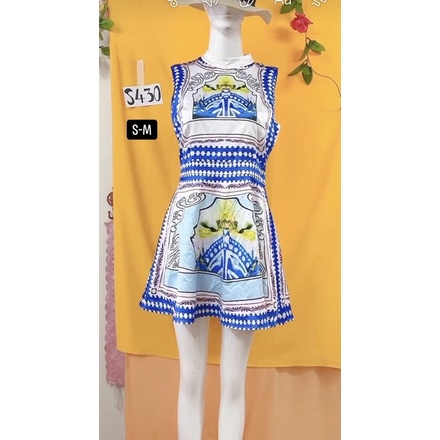 đầm xanh xoè hoạ tiết size S-M.S430