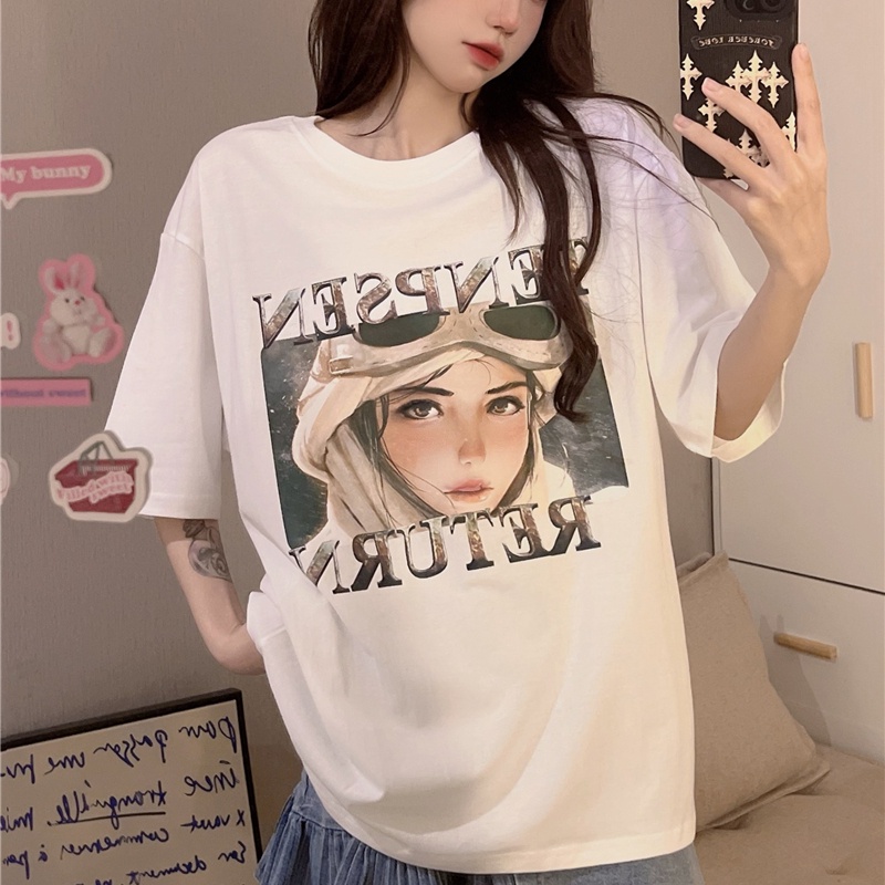 Áo thun SUXI tay ngắn cổ tròn dáng rộng in họa tiết đơn giản thời trang mùa hè cho nữ