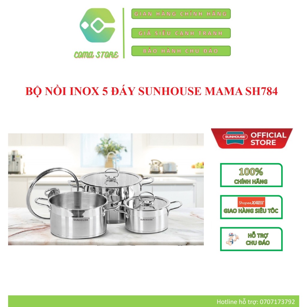 SH784 - BỘ 3 NỒI INOX 5 ĐÁY CAO CẤP SUNHOUSE MAMA (DÙNG ĐƯỢC MỌI LOẠI BẾP) - HÀNG CHÍNH HÃNG