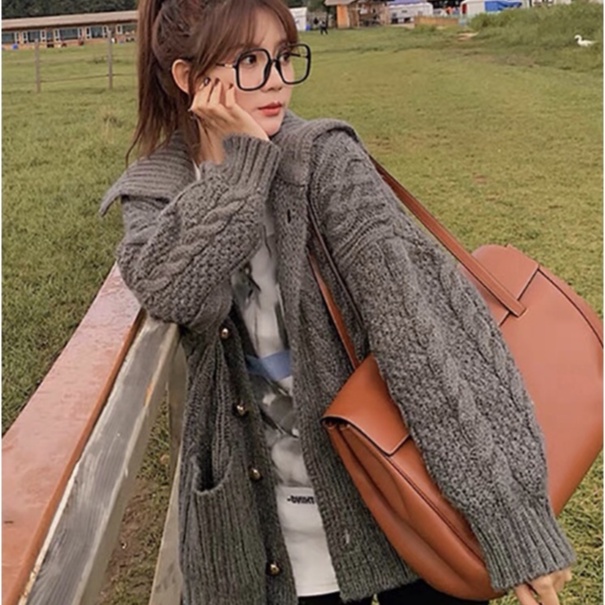 Áo khoác cardigan Forgirl len bện cổ bẻ phối túi