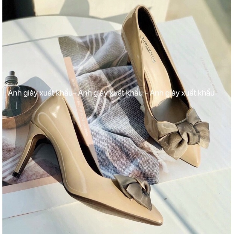 CG70 - Giày cao gót da bóng gót nhọn 7p nơ lụa to cực xinh ( ảnh thật, kèm video)