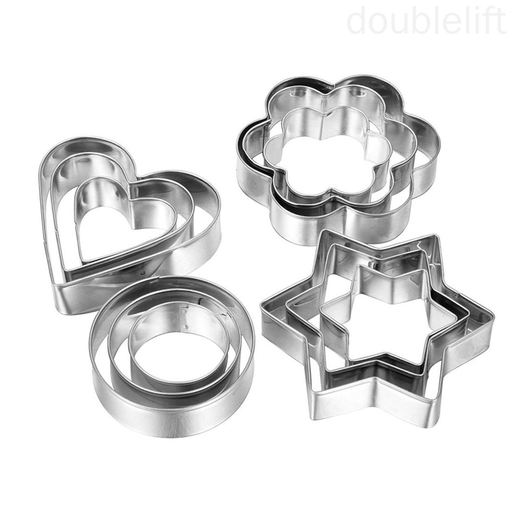 Set 12 Khuôn Làm Bánh Bằng Thép Không Gỉ Hình Tròn / Ngôi Sao / Hoa / Trái Tim Tiện Dụng