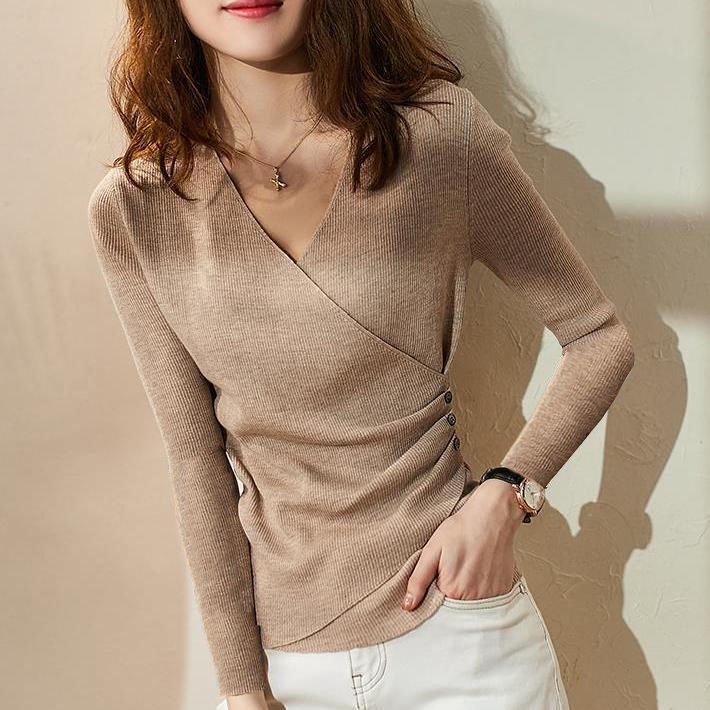 Áo Dệt Kim Ôm Dáng Cổ Chữ V Màu Đen/Trắng/ Kaki/Xám/Xanh Lá Cho Nữ