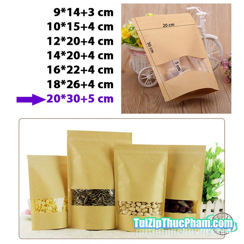 1000 cái túi zipper size 20x30cm, túi zip giấy kraft vàng có cửa sổ, túi zipper đựng thực phẩm chất lượng cao giá sỉ