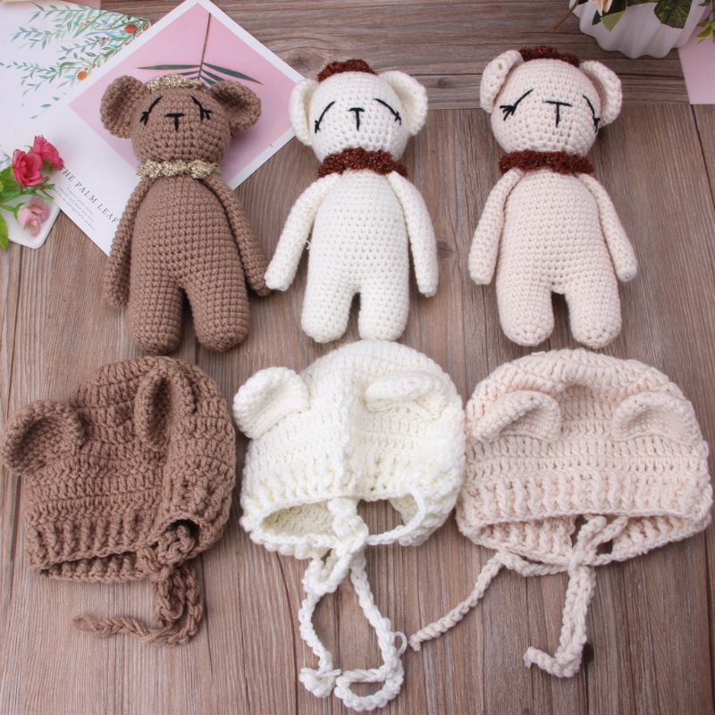 Mũ len tai gấu kèm chú gấu đồ chơi dễ thương cho bé sơ sinh