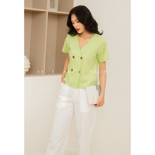 Áo linen cổ V nút gỗ đắp tà