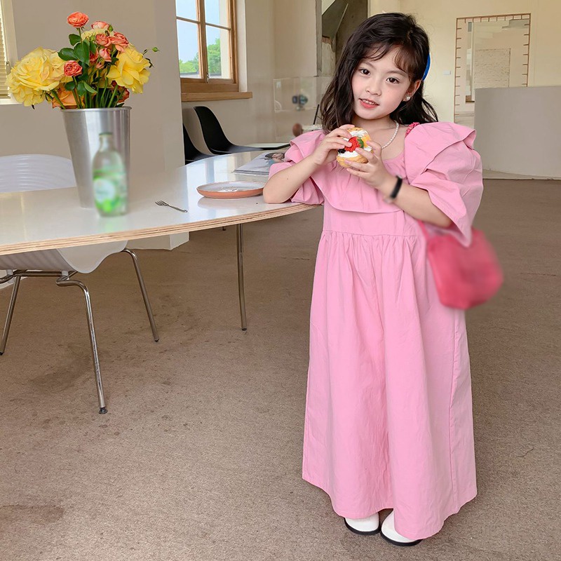 Áo Liền Quần Cổ Cánh Hoa Tay Ngắn Màu Trơn Thời Trang Mùa Hè Cho Bé Gái Se7en