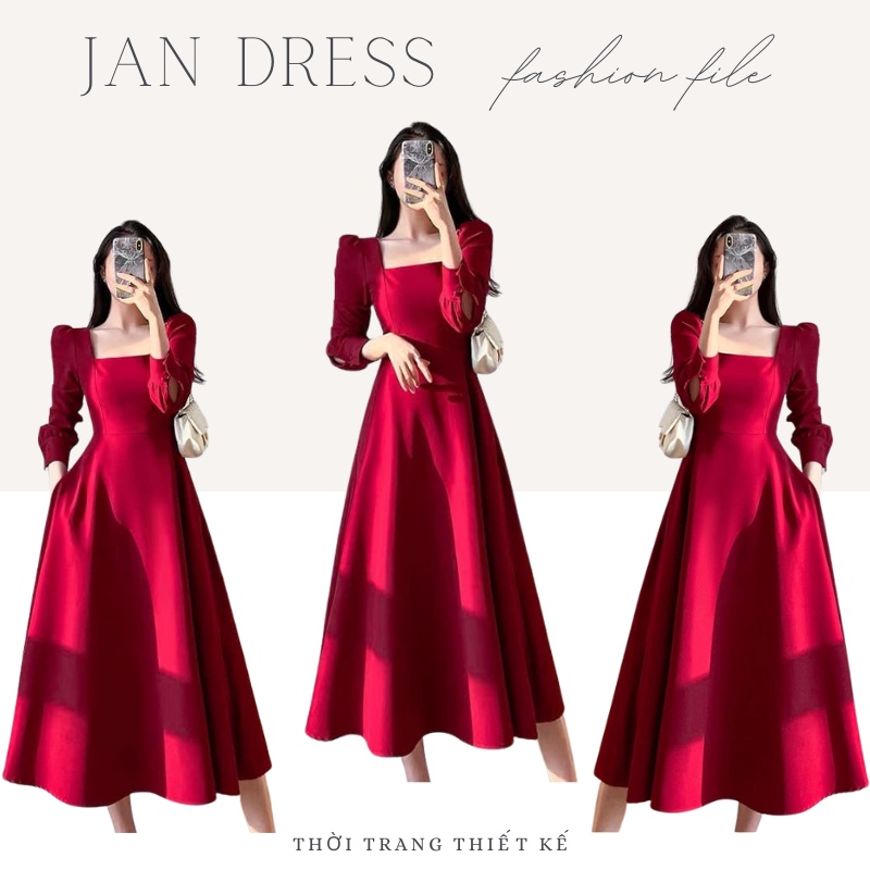 Đầm đỏ nữ, váy chụp kỉ yếu  JANDRESS thiết kế cổ vuông, chất liệu mềm min mát , giặt không nhăn , kh
