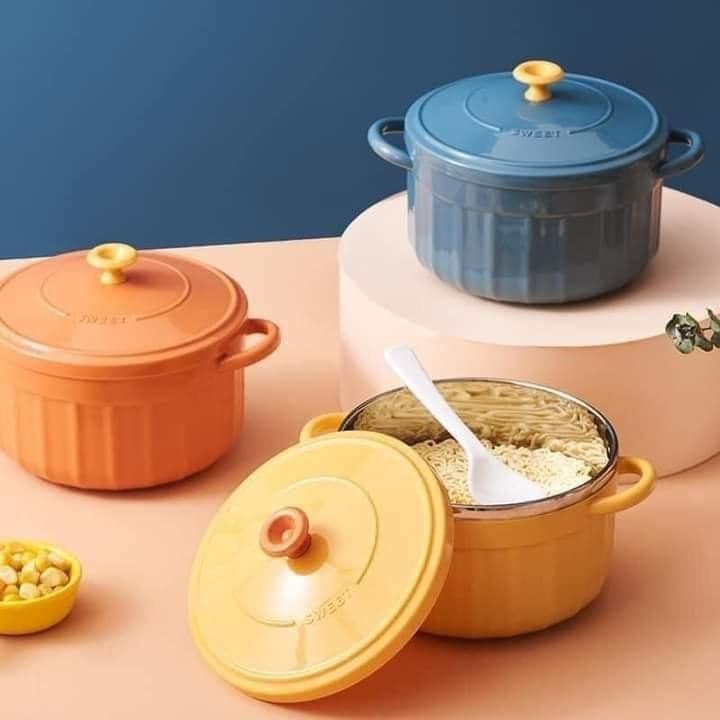 Bát ăn nấu mì Hàn Quốc Cốc Đựng Canh, Đựng Cơm, Tô Cháo, Súp Lõi Inox Có Tay Cầm Dạng Nồi Tông Màu Hiện Đại