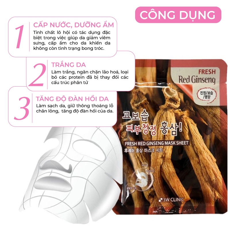 Combo 10 Túi Mặt nạ giấy nhâm sâm dưỡng trắng da dưỡng ẩm chiết xuất từ nhân sâm 3W Clinic Hàn Quốc 23mlx10