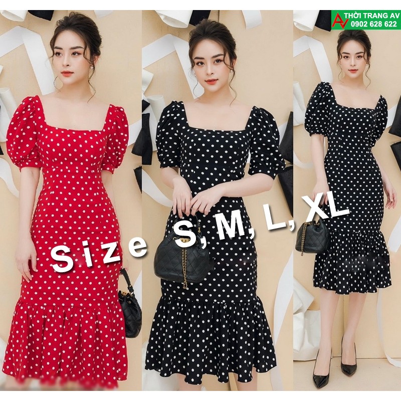 Đầm ôm body chấm bi cổ vuông tay ngắn đuôi cá xinh xắn - AV6266
