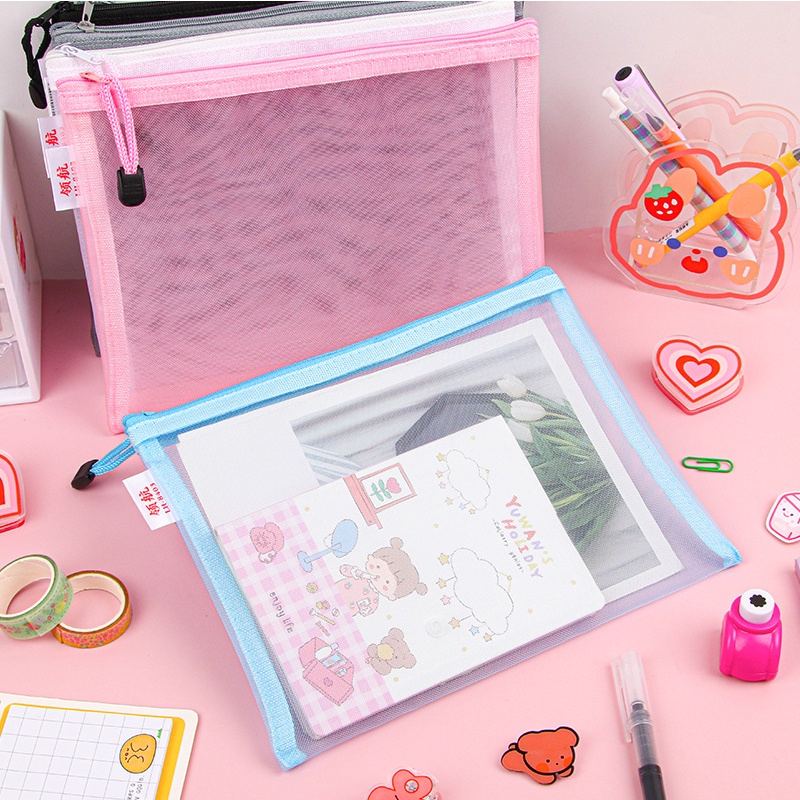 Túi Lưới Đựng Bút Trong Suốt Phối Khóa Kéo Màu Hồng Đáng Yêu Dành Cho Học Sinh Ốp