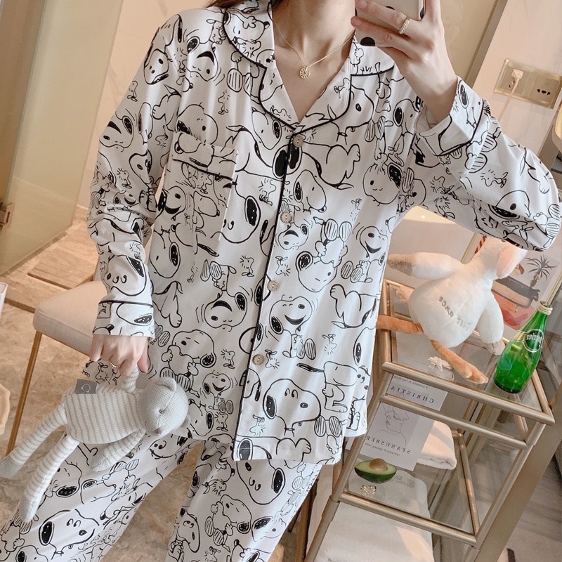 Bộ Ngủ Pijama Nữ Dáng Dài Mặc Nhà Chó, Cún Trắng Thu Đông Kate Form Rông