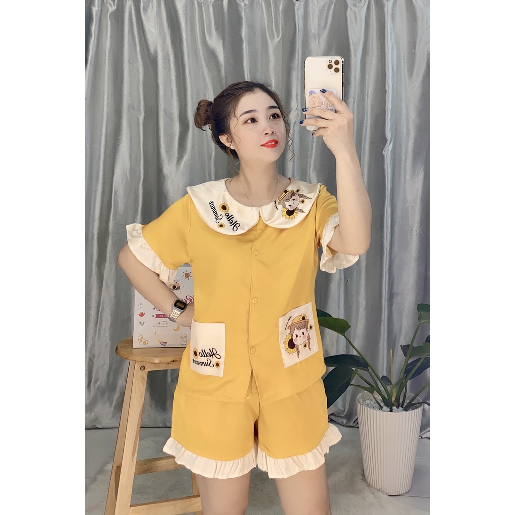 Đồ bộ pyjama đùi satin😻[ FREESHIP ]cao cấp,in phối chữ cổ áo,chất liệu vải mền mịn,mặc thoáng mát🍀 size 48kg-- 56kg