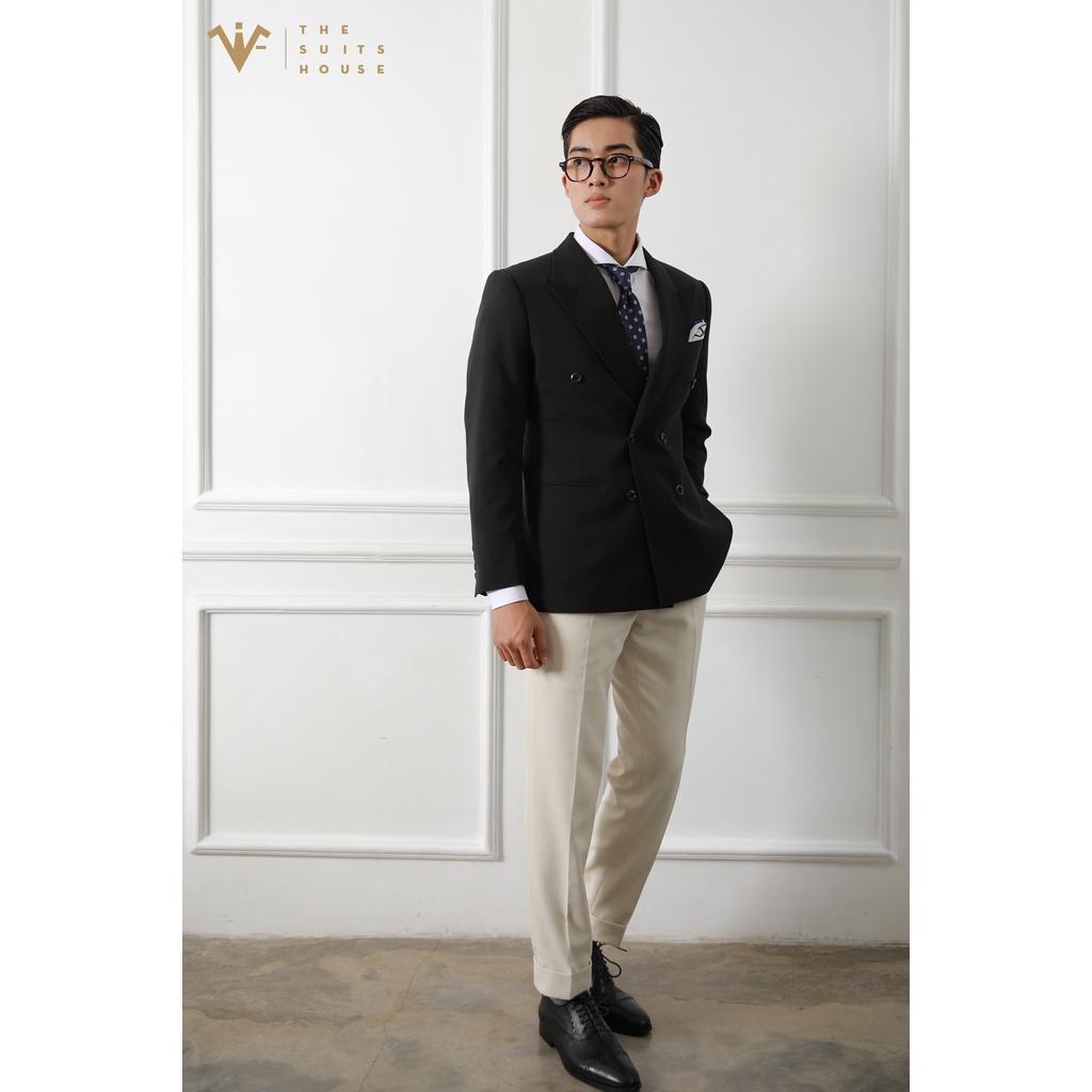 Bộ Vest NAM áo blazer vest suit quần tây, đen AP 2 túi 6 khuy, satorial, chất vải WOOL, chuẩn form- THE SUITS HOUSE