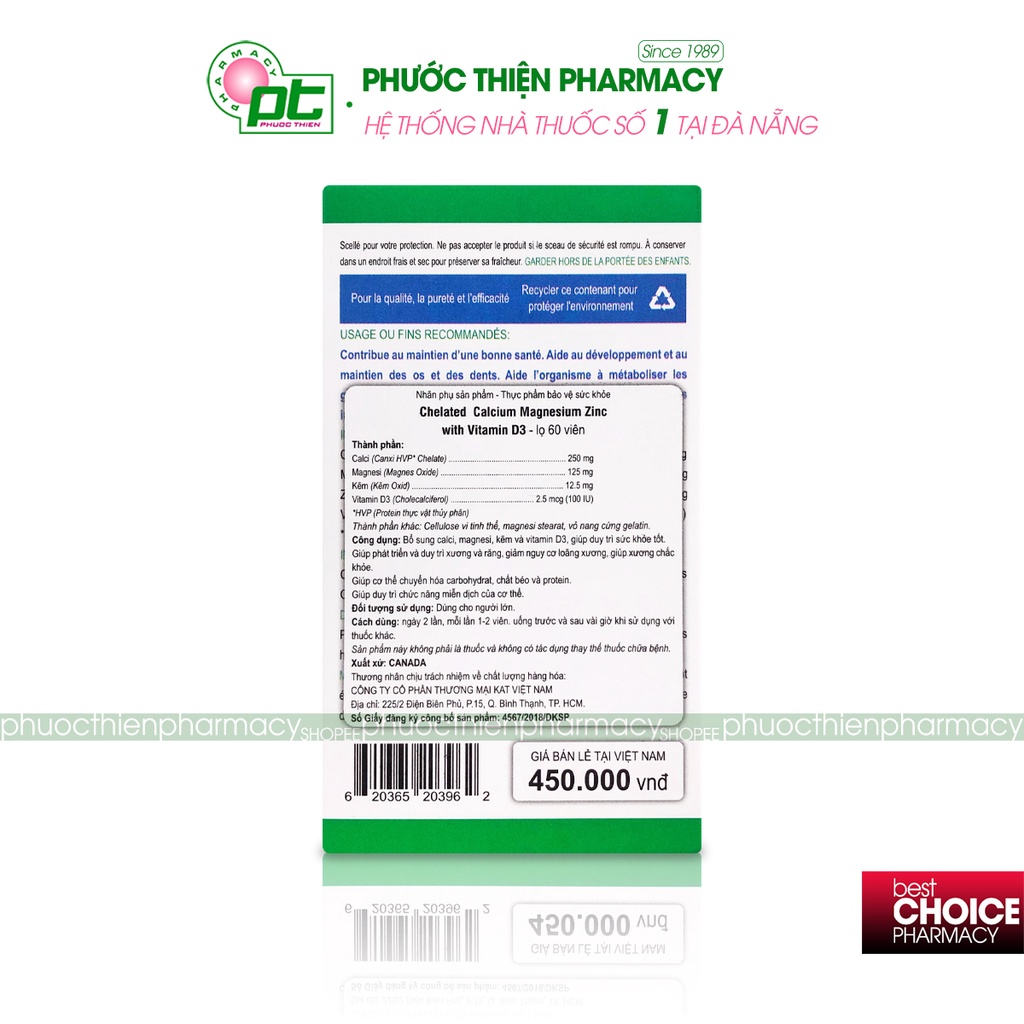 Canxi hữu cơ cho bà bầu, người lớn Organika Calcium Magnesium Zinc D3 lọ 60 viên - tăng chiều cao cho bé