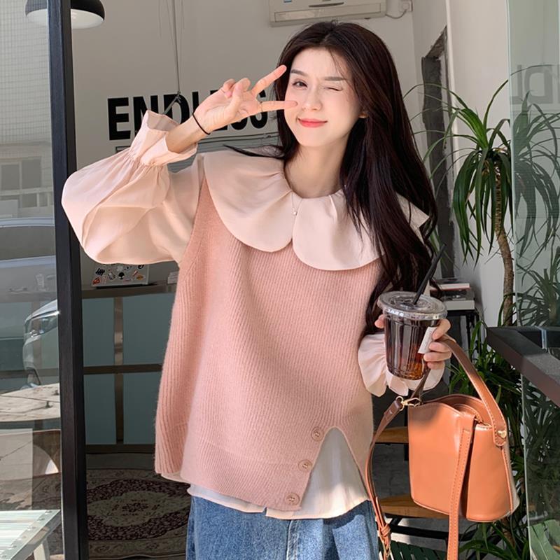 Set Áo Sơ Mi Tay Dài + Áo Len Không Tay Thiết Kế Mới Thời Trang Theo Phong Cách Hàn Quốc Cho Nữ