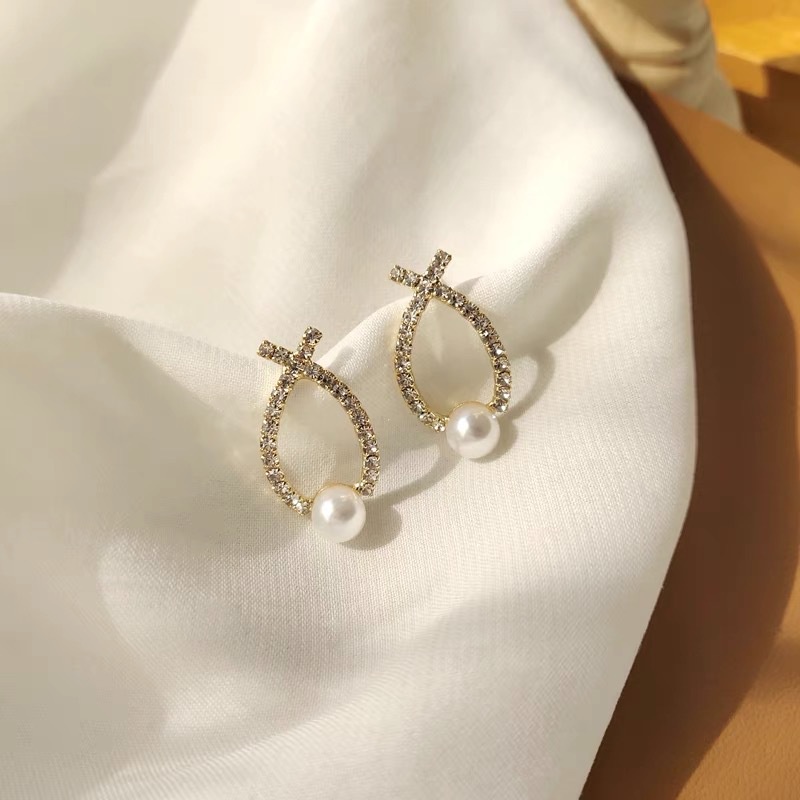 Bông Tai Hình Học Đính Ngọc Trai Phong Cách Hàn Quốc