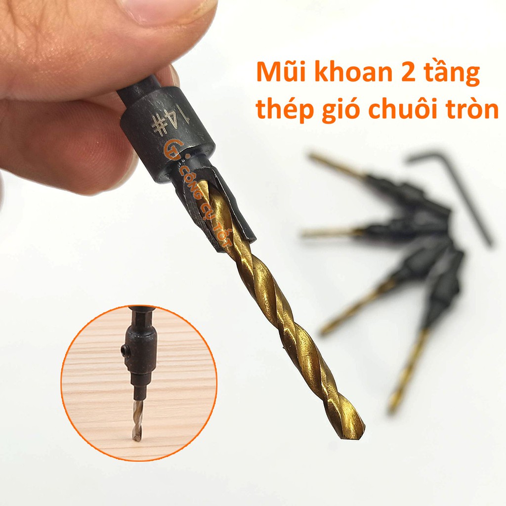 Bộ 5 mũi khoan 2 tầng chỉnh cữ bắt âm mũ vít 2.38-3.97mm phủ titan chuôi tròn