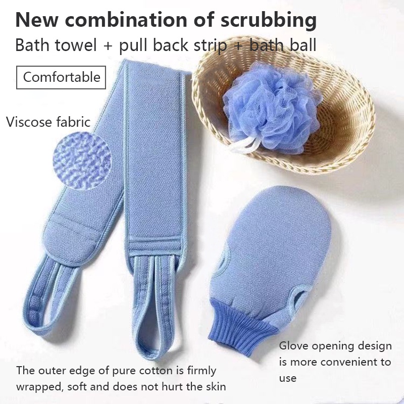 Bộ dây bàn chải dài chà lưng và bông tắm xơ mướp cùng găng tay tắm 3 trong 1