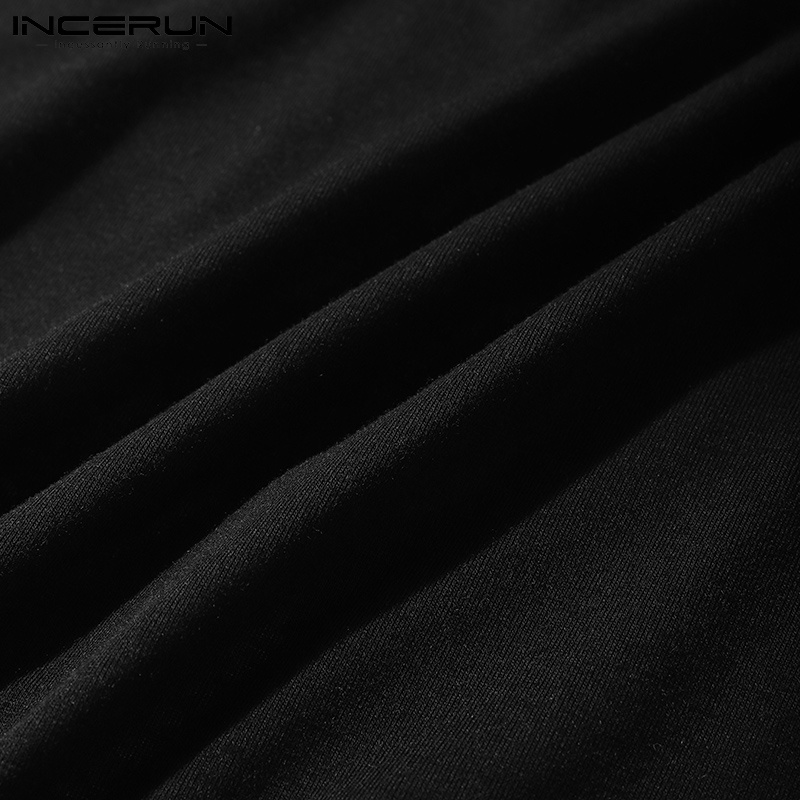 Áo thun INCERUN thiết kế tay ngắn cổ tròn màu đen thiết kế lỗ thời trang cho nam