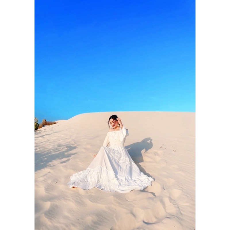 (miễn phí chỉnh váy) maxi trễ vai tay dài boho đi biển du lịch chụp hình đồi cát sống ảo thiết kế cao cấp giá rẻ