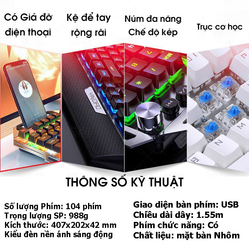 BÀN PHÍM CƠ Gaming CAO CẤP K100 FULL LED Có Kê Tay, Blue Switch Gõ Cực Đã Cho Laptop Máy Tính PC, Cổng USB
