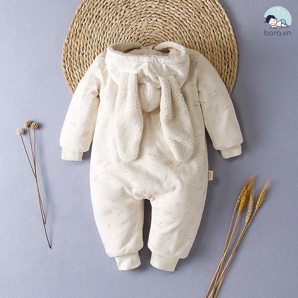 Body mũ tai thỏ cho bé, cotton hữu cơ tự nhiên, chần bông cashmere, siêu mềm mịn và ấm