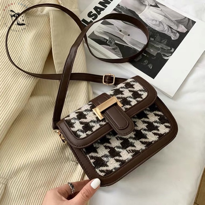 Túi đeo chéo họa tiết houndstooth phong cách thời trang Hàn Quốc 2022 dành cho nữ