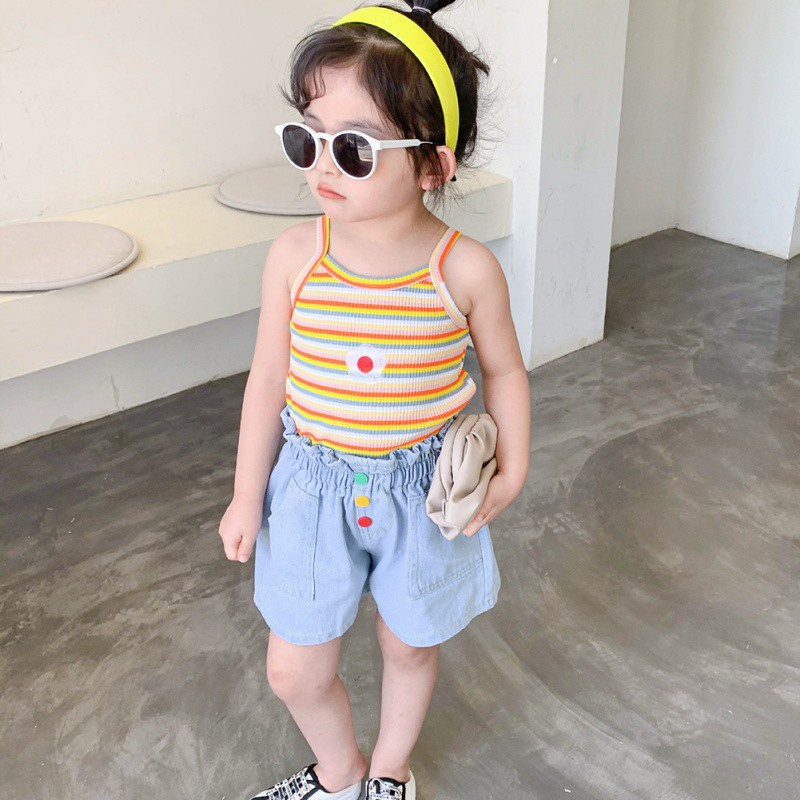 Áo Thun Không Tay Kẻ Sọc Màu Cầu Vồng Cho Bé Gái