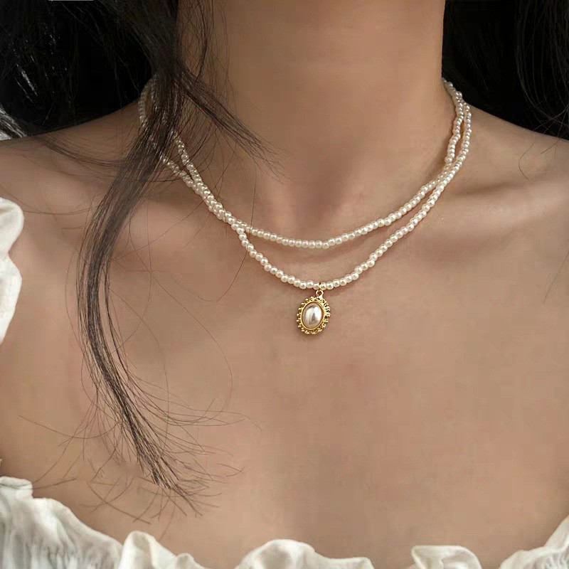 Vòng cổ hai lớp đính ngọc trai giả phong cách vintage thời trang cho nữ