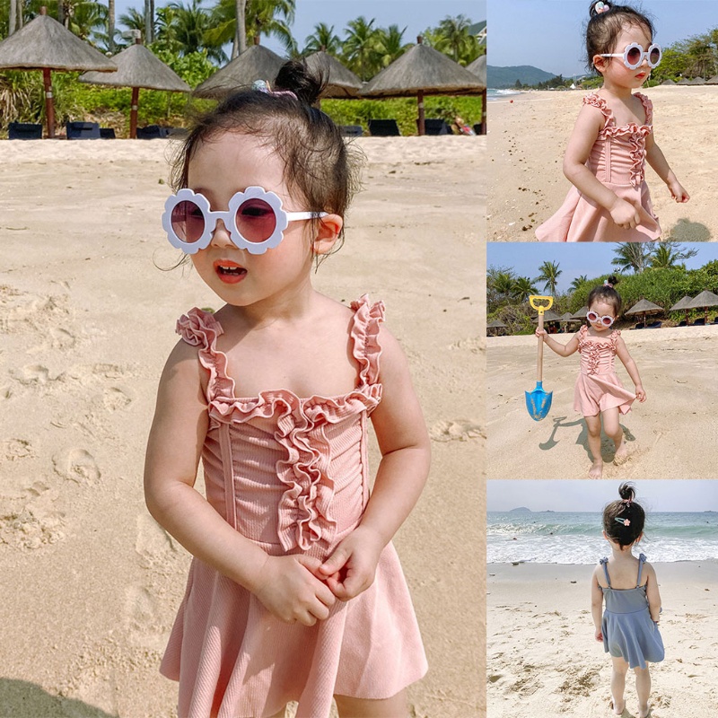 Bộ Đồ Bơi Một Mảnh Phối Bèo Nhún Màu Trơn Dễ Thương Thời Trang Mùa Hè Cho Bé Gái