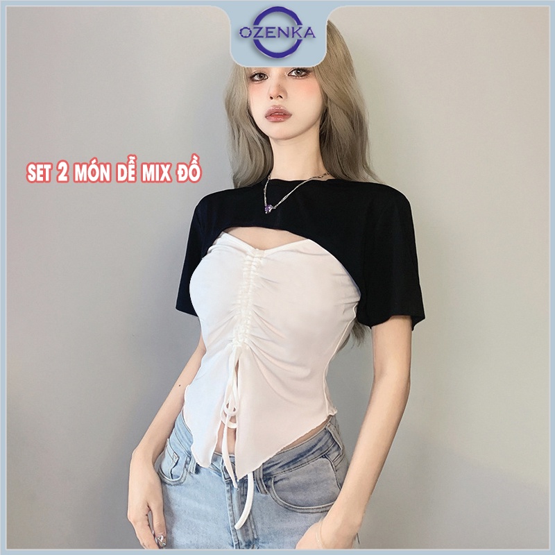 Set áo croptop cộc tay áo 2 dây rút dây sẻ giữa gợi cảm OZENKA , áo crt kiểu ôm body mix màu đen trắng size dưới 52 kg